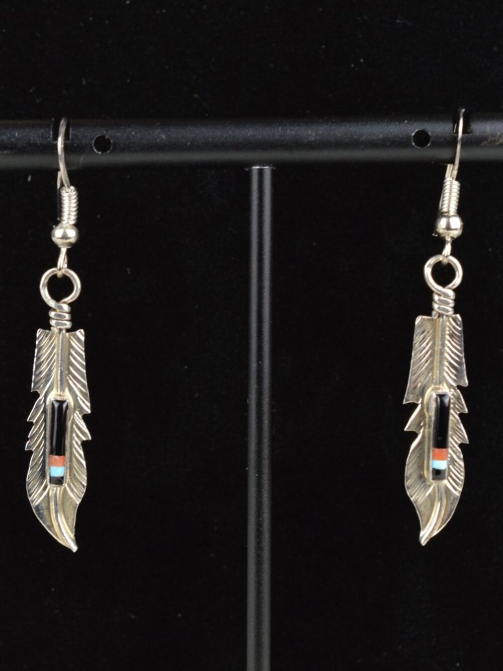 Navajo Freddy Barney Sterling Silver Multi Stone Inlay Feather Dangle Earrings